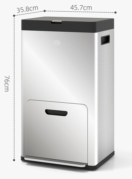 HOMCOM 56L Triple Compartment Stainless Steel Kitchen Bin, with Deodoriser Holders and Wheels - Silver Tone Aosom UK