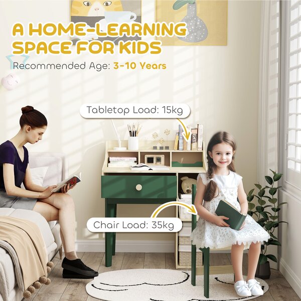 AIYAPLAY Kids Desk and Chair Set with Storage Shelves and Drawer, Green Aosom UK