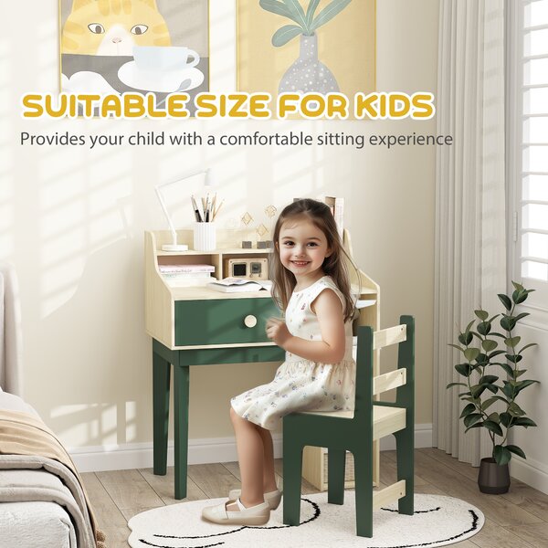 AIYAPLAY Kids Desk and Chair Set with Storage Shelves and Drawer, Green Aosom UK