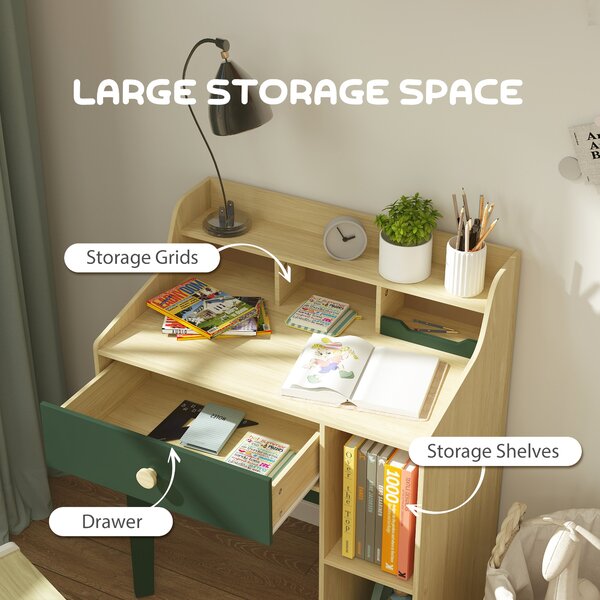 AIYAPLAY Kids Desk and Chair Set with Storage Shelves and Drawer, Green Aosom UK