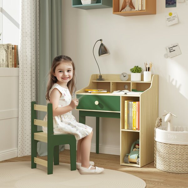 AIYAPLAY Kids Desk and Chair Set with Storage Shelves and Drawer, Green Aosom UK