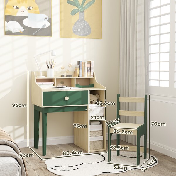 AIYAPLAY Kids Desk and Chair Set with Storage Shelves and Drawer, Green Aosom UK