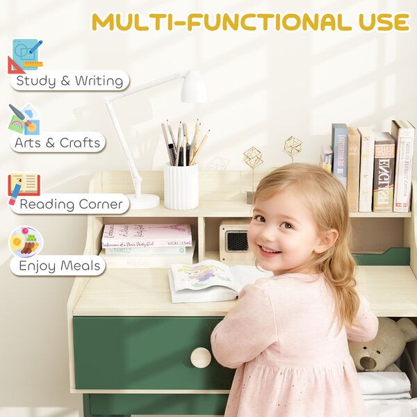 AIYAPLAY Kids Desk and Chair Set with Storage Shelves and Drawer, Green Aosom UK