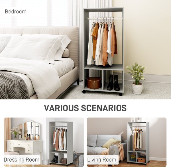 HOMCOM Open Wardrobe for Bedroom, Small Wardrobe on Wheels with Clothes Rail, Storage Shelves, Mobile Garment Rack for Clothes Storage Aosom UK