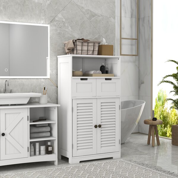 Kleankin Louvred Door Bathroom Storage Unit, Floor Cabinet with Drawers, Open Shelf, Adjustable Shelf, White Aosom UK
