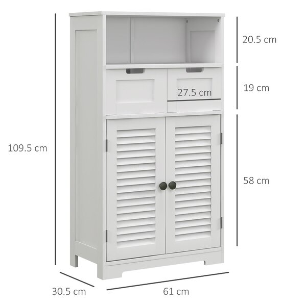 Kleankin Louvred Door Bathroom Storage Unit, Floor Cabinet with Drawers, Open Shelf, Adjustable Shelf, White Aosom UK