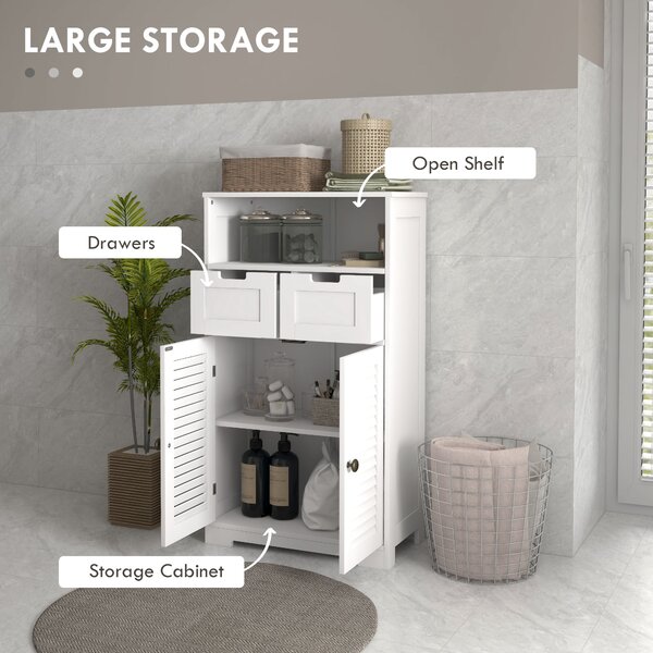 Kleankin Louvred Door Bathroom Storage Unit, Floor Cabinet with Drawers, Open Shelf, Adjustable Shelf, White Aosom UK