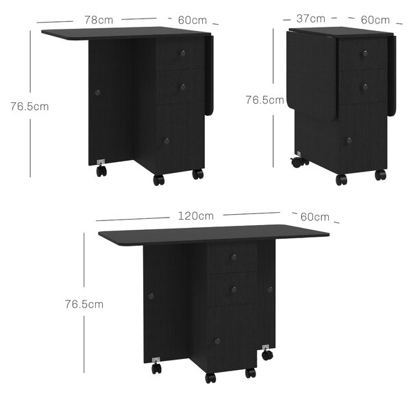 HOMCOM Multi-Storage Six-Person Drop Leaf Dining Table - Distressed Black Aosom UK