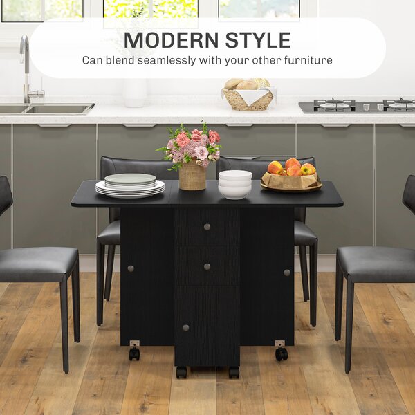 HOMCOM Multi-Storage Six-Person Drop Leaf Dining Table - Distressed Black Aosom UK