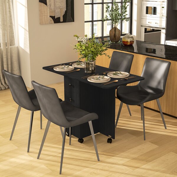 HOMCOM Multi-Storage Six-Person Drop Leaf Dining Table - Distressed Black Aosom UK