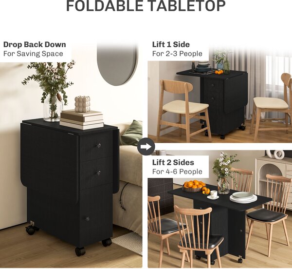HOMCOM Multi-Storage Six-Person Drop Leaf Dining Table - Distressed Black Aosom UK