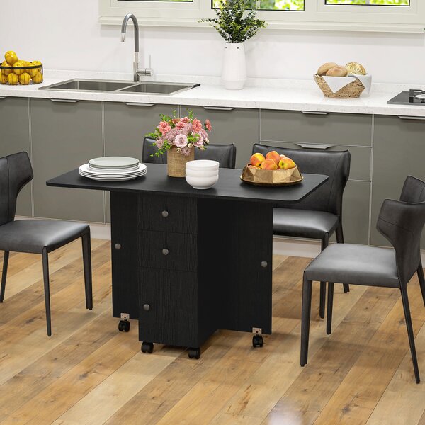HOMCOM Multi-Storage Six-Person Drop Leaf Dining Table - Distressed Black Aosom UK