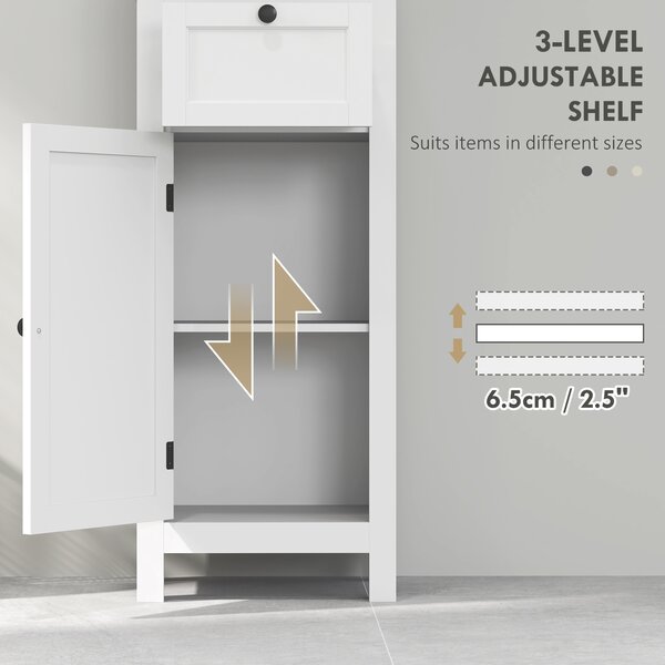 HOMCOM Tall Bathroom Cabinet, Slim Bathroom Storage Cabinet with Shelves, Soft Close Door and Drawer, Adjustable Shelf, White Aosom UK