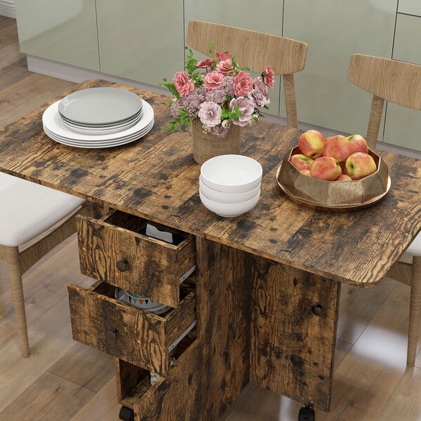 HOMCOM Multi-Storage Six-Person Drop Leaf Dining Table - Rustic Brown Aosom UK