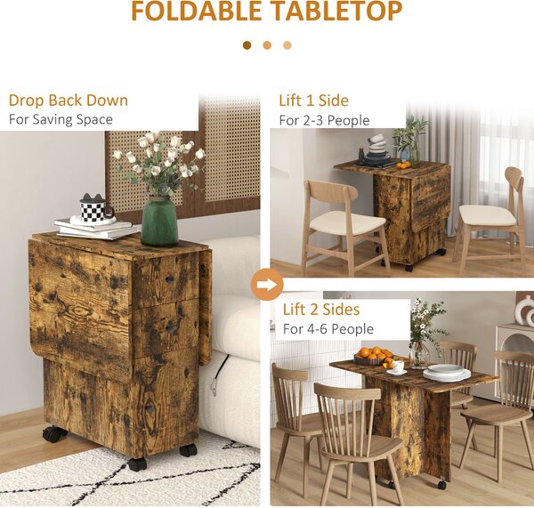 HOMCOM Multi-Storage Six-Person Drop Leaf Dining Table - Rustic Brown Aosom UK