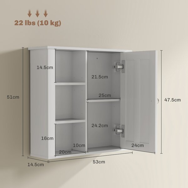 HOMCOM Bathroom Cabinet, Modern Bathroom Wall Cabinet with Adjustable Shelves and Cupboard, 53W x 15D x 51H cm, White Aosom UK