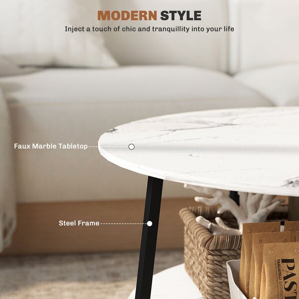 HOMCOM 2-Tier Round Coffee Table with Storage Shelf, Living Room Table with Marble Effect Top and Steel Frame, White Aosom UK