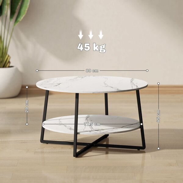 HOMCOM 2-Tier Round Coffee Table with Storage Shelf, Living Room Table with Marble Effect Top and Steel Frame, White Aosom UK