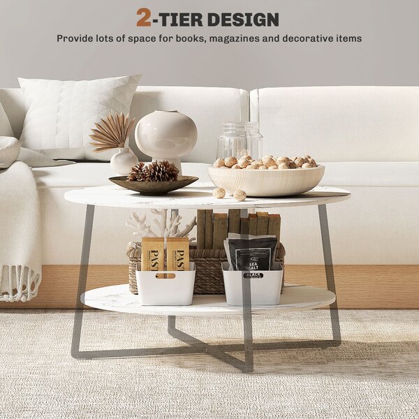 HOMCOM 2-Tier Round Coffee Table with Storage Shelf, Living Room Table with Marble Effect Top and Steel Frame, White Aosom UK