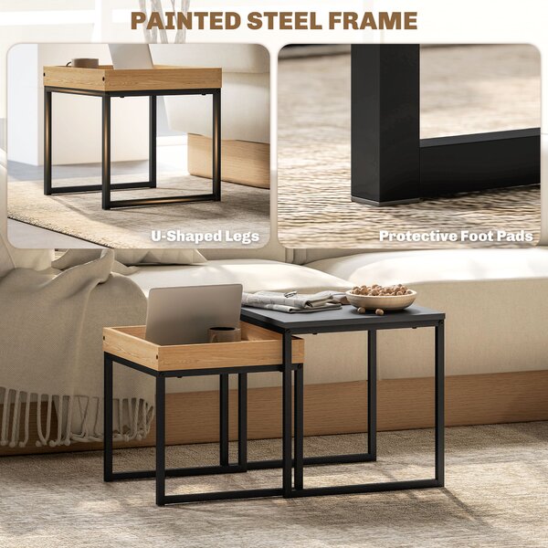 HOMCOM Set of Two Boxy Nesting Tables - Black/Wood-Effect Aosom UK