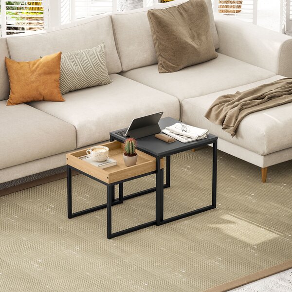 HOMCOM Set of Two Boxy Nesting Tables - Black/Wood-Effect Aosom UK