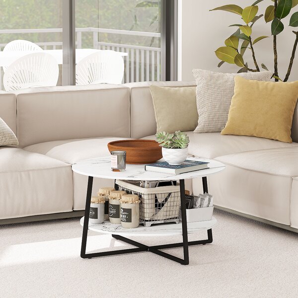 HOMCOM 2-Tier Round Coffee Table with Storage Shelf, Living Room Table with Marble Effect Top and Steel Frame, White Aosom UK