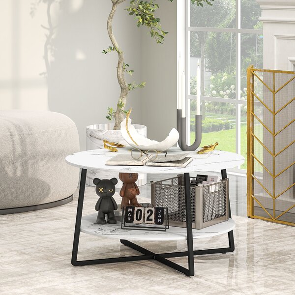 HOMCOM 2-Tier Round Coffee Table with Storage Shelf, Living Room Table with Marble Effect Top and Steel Frame, White Aosom UK