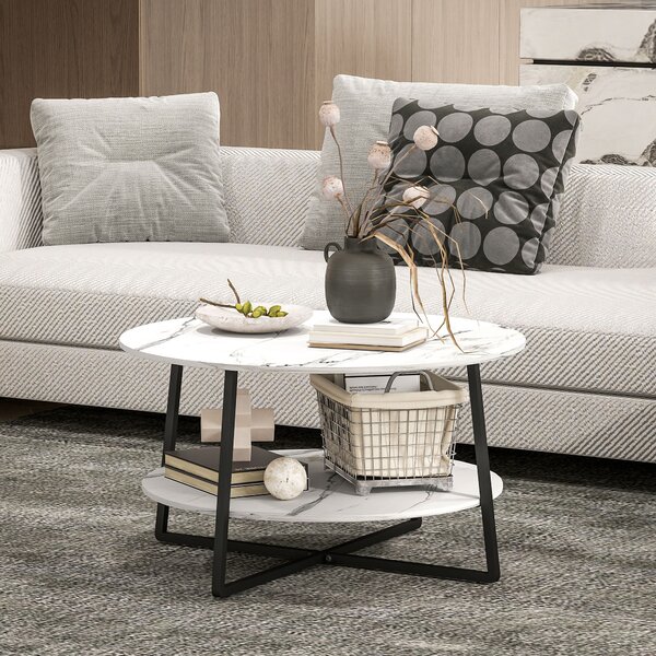 HOMCOM 2-Tier Round Coffee Table with Storage Shelf, Living Room Table with Marble Effect Top and Steel Frame, White Aosom UK