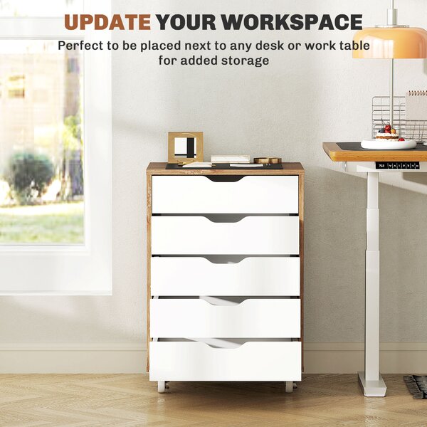 Vinsetto Five-Drawer Filing Cabinet, with Wheels - Oak Brown Aosom UK