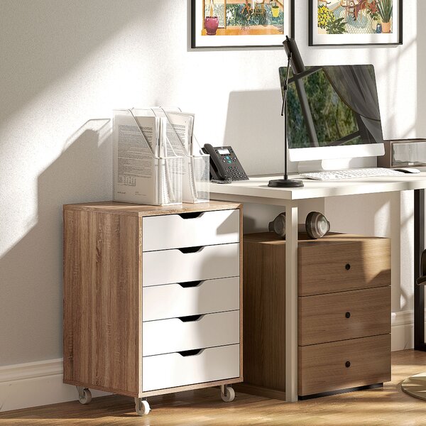 Vinsetto Five-Drawer Filing Cabinet, with Wheels - Oak Brown Aosom UK