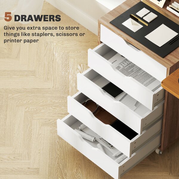Vinsetto Five-Drawer Filing Cabinet, with Wheels - Oak Brown Aosom UK