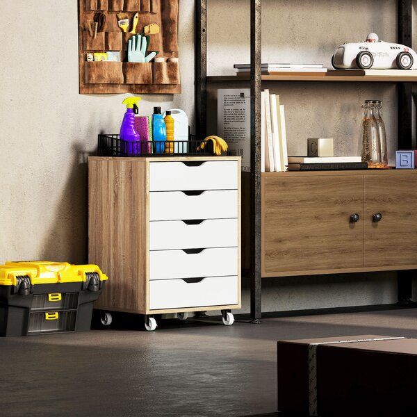 Vinsetto Five-Drawer Filing Cabinet, with Wheels - Oak Brown Aosom UK