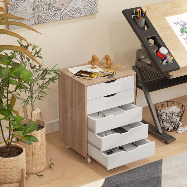 Vinsetto Five-Drawer Filing Cabinet, with Wheels - Oak Brown Aosom UK