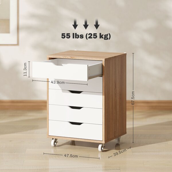 Vinsetto Five-Drawer Filing Cabinet, with Wheels - Oak Brown Aosom UK
