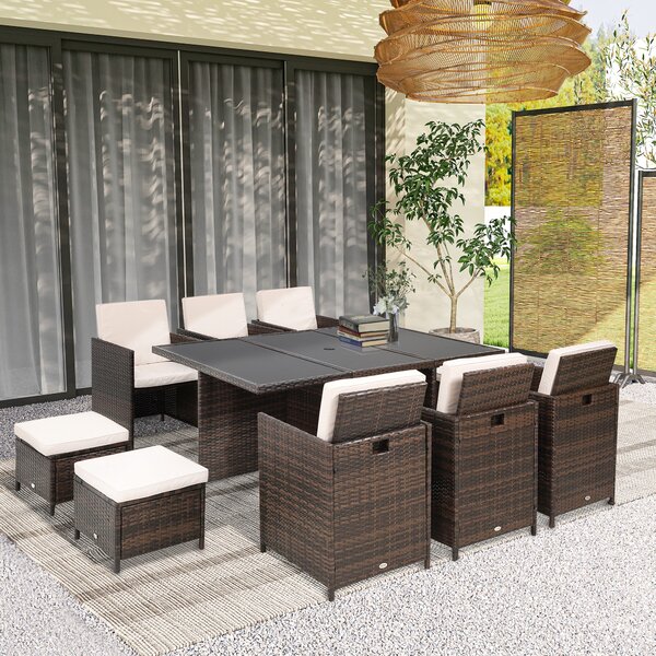 Outsunny Outdoor 11pc Rattan Garden Furniture Patio Dining Set 10-seater Cube Sofa Weave Wicker 6 Chairs 4 Footrests & 1 Table Mixed Brown Aosom UK