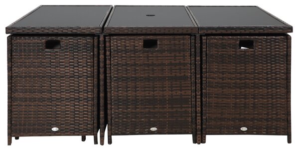 Outsunny Outdoor 11pc Rattan Garden Furniture Patio Dining Set 10-seater Cube Sofa Weave Wicker 6 Chairs 4 Footrests & 1 Table Mixed Brown Aosom UK