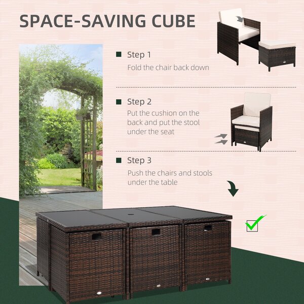 Outsunny Outdoor 11pc Rattan Garden Furniture Patio Dining Set 10-seater Cube Sofa Weave Wicker 6 Chairs 4 Footrests & 1 Table Mixed Brown Aosom UK