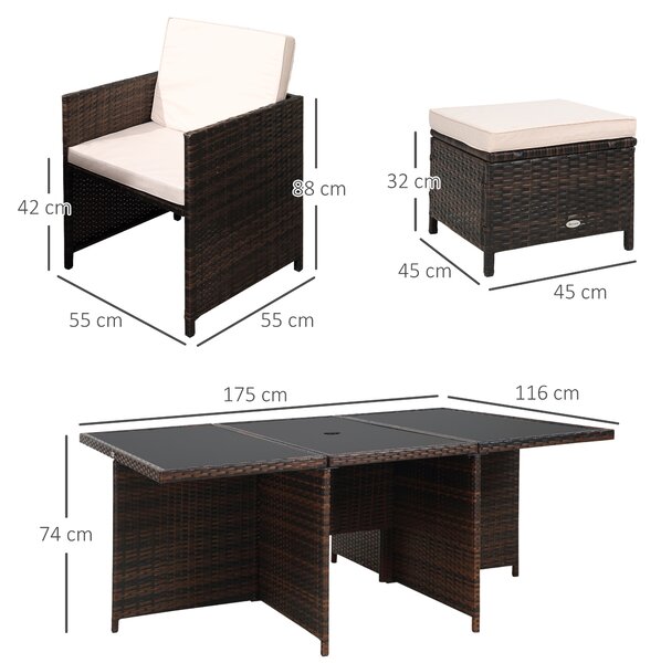 Outsunny Outdoor 11pc Rattan Garden Furniture Patio Dining Set 10-seater Cube Sofa Weave Wicker 6 Chairs 4 Footrests & 1 Table Mixed Brown Aosom UK