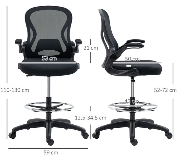 Vinsetto Adjustable Standing Desk Chair with Flip-up Armrests Lumbar Support Armrests Adjustable Footrest Ring Black