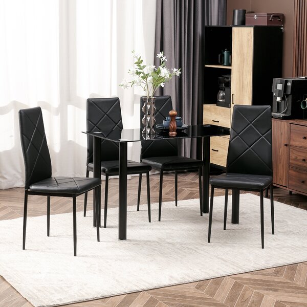 HOMCOM Dining Table and Chairs Set, 4 Seater Modern Dining Set with Glass Tabletop Foam Pads, and Steel Frame, Black Aosom UK