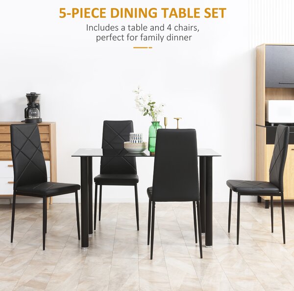 HOMCOM Dining Table and Chairs Set, 4 Seater Modern Dining Set with Glass Tabletop Foam Pads, and Steel Frame, Black Aosom UK