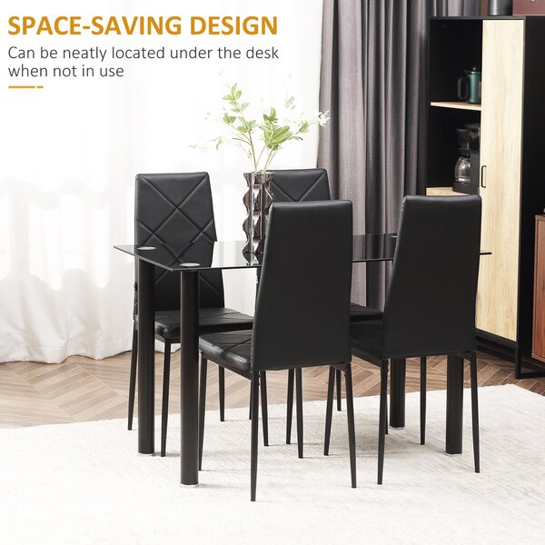 HOMCOM Dining Table and Chairs Set, 4 Seater Modern Dining Set with Glass Tabletop Foam Pads, and Steel Frame, Black Aosom UK
