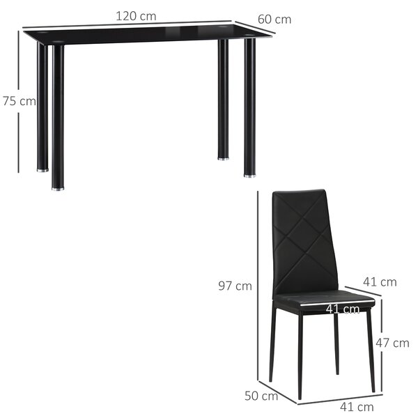 HOMCOM Dining Table and Chairs Set, 4 Seater Modern Dining Set with Glass Tabletop Foam Pads, and Steel Frame, Black Aosom UK