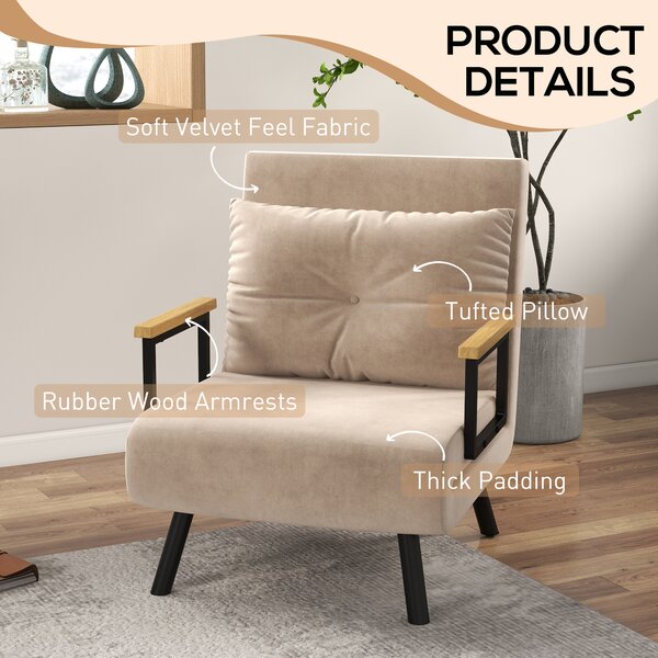 HOMCOM Single Sofabed Chair Velvet Single Chair Bed Single Sofa Bed Folding Single Bed 4-in-1 Velvet Feel with Pillow Beige Aosom UK
