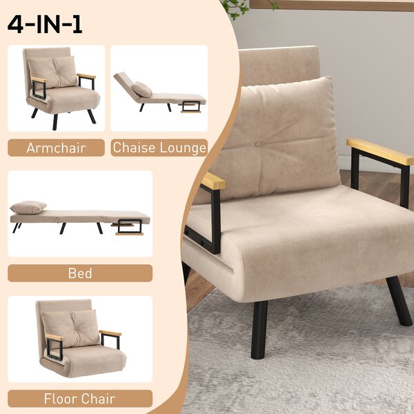 HOMCOM Single Sofabed Chair Velvet Single Chair Bed Single Sofa Bed Folding Single Bed 4-in-1 Velvet Feel with Pillow Beige Aosom UK