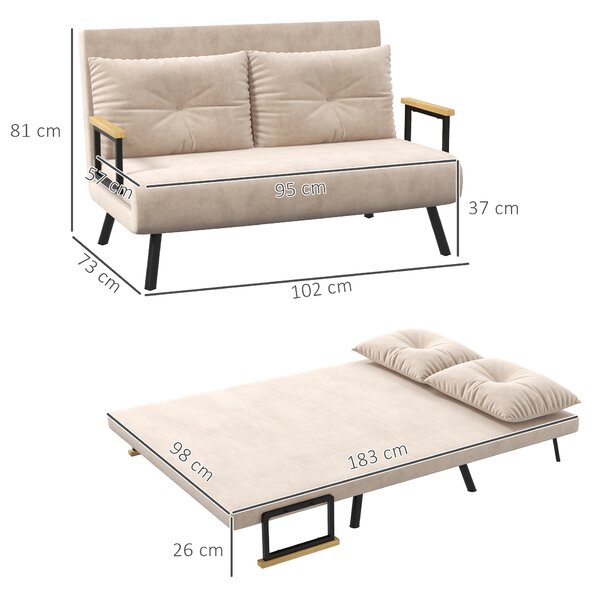 HOMCOM Click Clack Sofa Bed, Convertible 2 Seater Sofa Couch with 2 Cushions, for Living Room, Bedroom, Beige