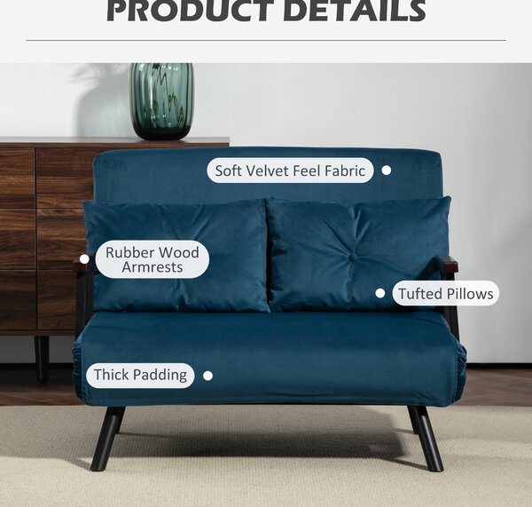 HOMCOM Click Clack Sofa Bed, Convertible 2 Seater Sofa Couch with 2 Cushions, for Living Room, Bedroom, Navy Blue