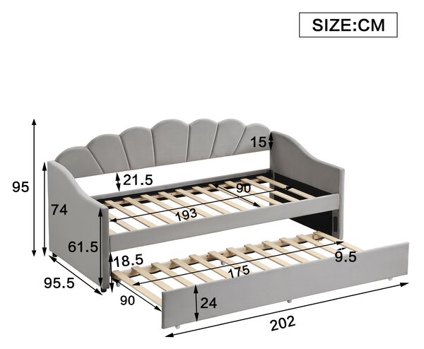 Single Day Bed with Trundle and Scalloped Cushion, Upholstered Velvet Sofa Bed with Sturdy Slats, for Bedroom, 202L x 190W x 95H cm, Gray Aosom.UK