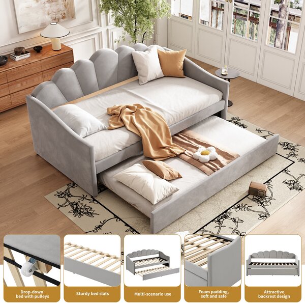 Single Day Bed with Trundle and Scalloped Cushion, Upholstered Velvet Sofa Bed with Sturdy Slats, for Bedroom, 202L x 190W x 95H cm, Gray Aosom.UK