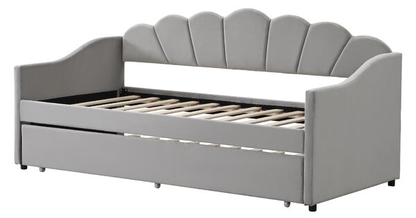 Single Day Bed with Trundle and Scalloped Cushion, Upholstered Velvet Sofa Bed with Sturdy Slats, for Bedroom, 202L x 190W x 95H cm, Gray Aosom.UK
